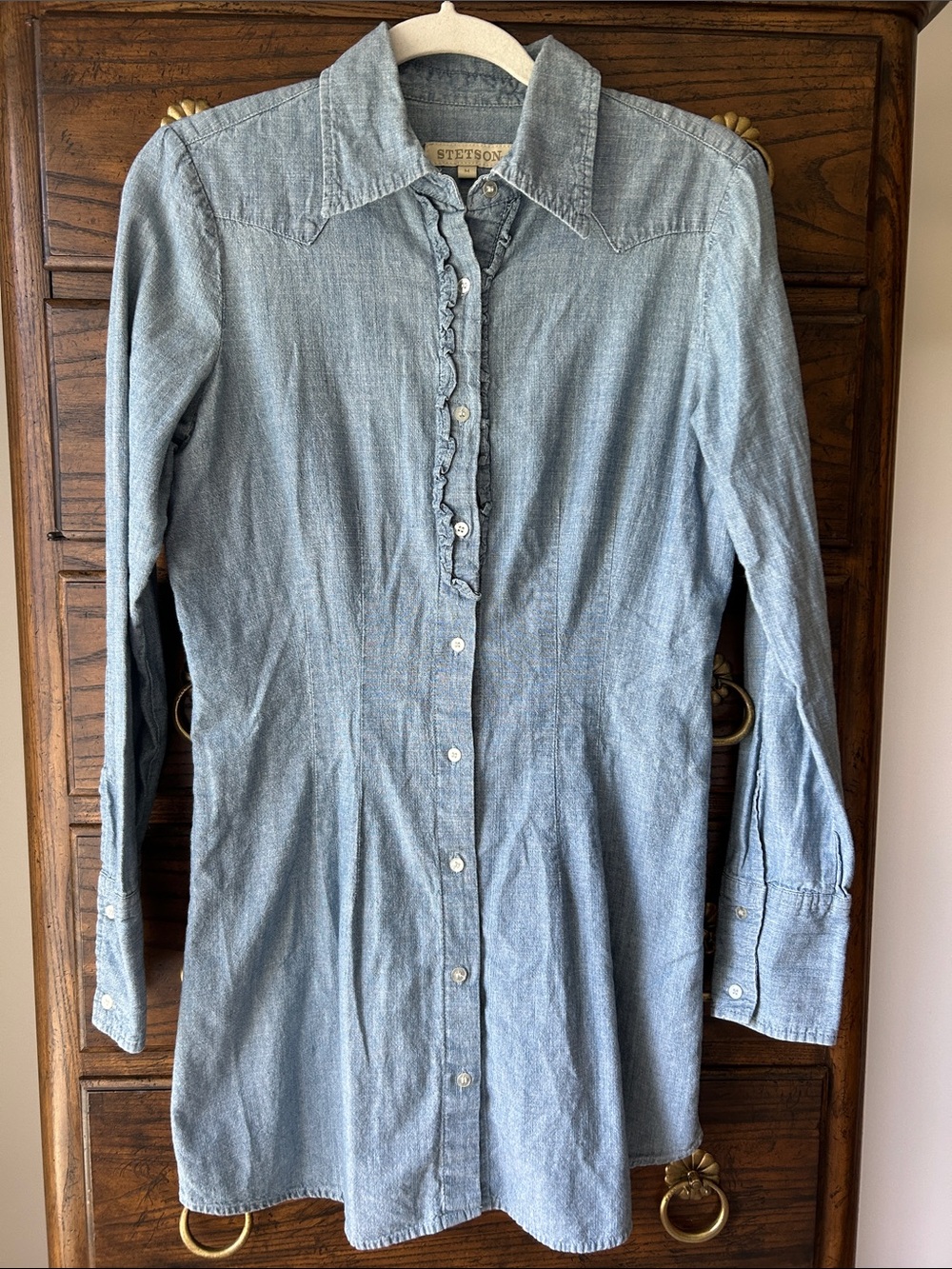 Stetson Light Wash Chambray Ruffle Western Shirt / Tunic Dress, Size M